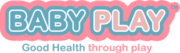 Logo reads "Baby Play". "Baby" in light turquoise blue followed by "Play" in Pink. Both are encapsulated with a playful toddler style bubble; a blue outline bubble with a further pink surround bubble. The slogan reads "Good Health through play", again in the matching blue followed with pink.